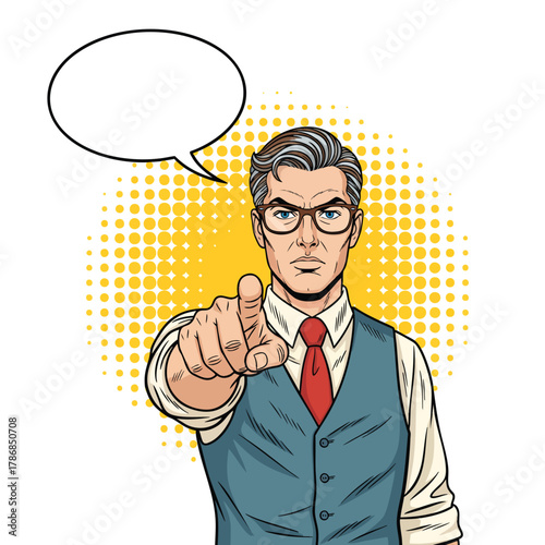 Serious pop art businessman with gray hair and glasses pointing his finger directly at you.