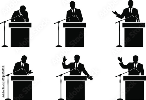 Politician silhouette vector set, speaker giving speech at podium with microphone, public speaking and conference illustration, business presentation icons