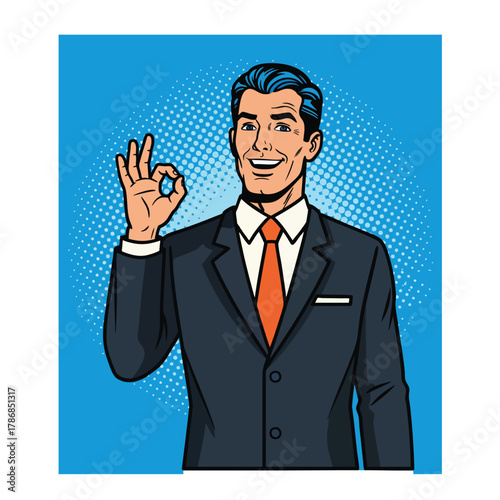 Smiling businessman in a dark suit and red tie making an OK hand gesture in pop art style.