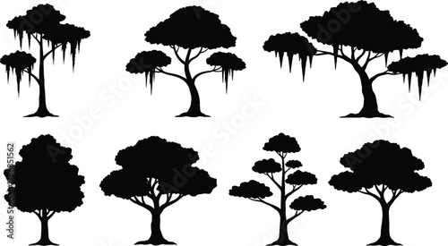 Six tree silhouette variations, diverse canopy shapes with hanging moss and full foliage, artistic vector illustration for landscape design, botanical study, nature concept