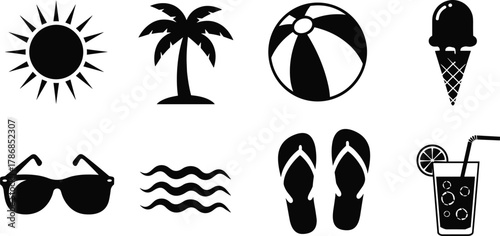 Summer beach icons — sun, palm tree, beach ball, ice cream, sunglasses, ocean waves, flip flops, tropical drink vector set