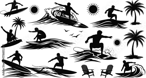 Surfer silhouettes on waves, summer beach surfing vector illustration, tropical ocean adventure design, palm trees, sun, sea waves, extreme water sports concept