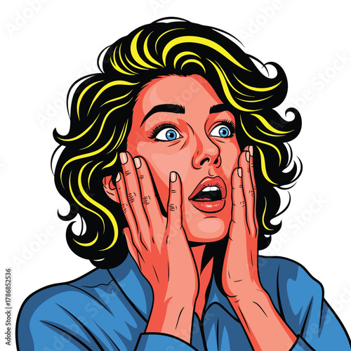 Vibrant pop art portrait of a shocked woman with yellow highlights and hands on her cheeks.