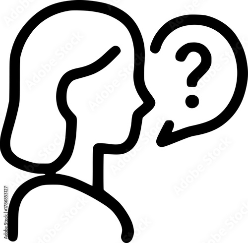An outline icon representing a person asking a question, seeking information, confusion, or customer inquiry
