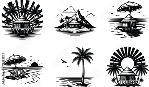 Tropical beach house vector, island sunset illustration, palm tree paradise, summer vacation design, seaside resort landscape, travel holiday silhouette art set