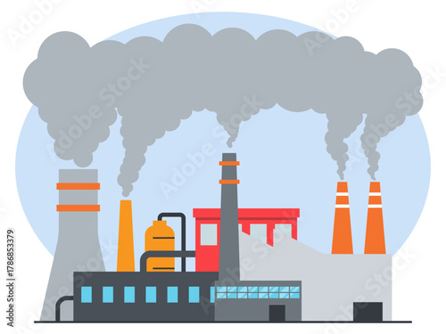 Factory pollution carbon dioxide and smoke emissions from pipes. Industry vector illustration. Flat illustration concept.