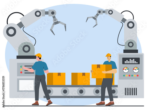 Smart industrial factory with workers. Industry vector illustration. Flat illustration concept.