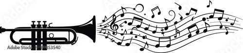 Trumpet silhouette with musical notes, dynamic swirling staff lines, jazz instrument vector illustration, music artwork, performance graphic design elements, sound icons collectiont