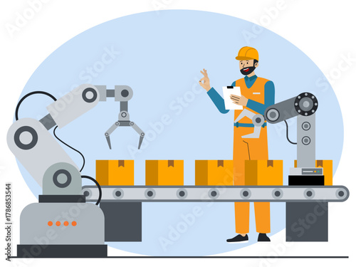 Male workers monitor production with robotic technology, robotic arms collect items in boxes. Industry vector illustration. Flat illustration concept.