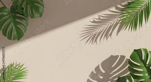 Tropical leaves casting shadows on a beige surface in a studio shot