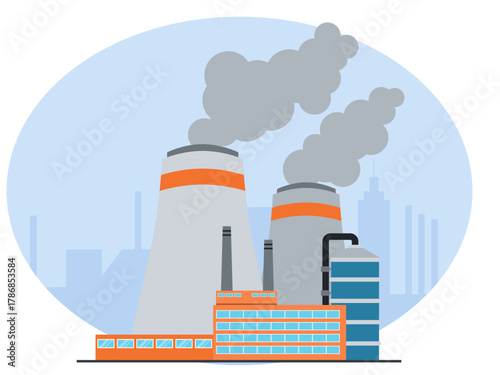 Industrial factory with chimneys and cooling towers. Industry vector illustration. Flat illustration concept.