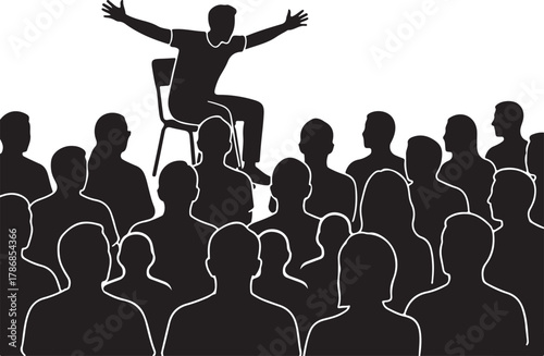 Silhouette illustration of a speaker addressing an audience, symbolizing public speaking, presentation, communication, and leadership at a seminar or event