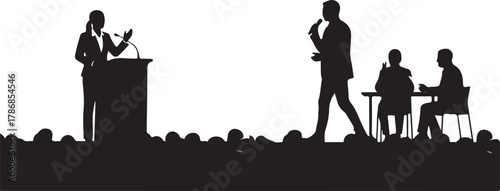  Silhouette of a public speaking event or conference, featuring diverse speakers, a panel discussion, and an attentive audience, ideal for illustrating communication, education, and business presentat