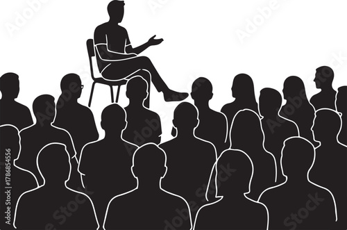 Silhouette of a speaker addressing an audience or crowd, symbolizing communication, education, and public speaking at a conference, seminar, or lecture event