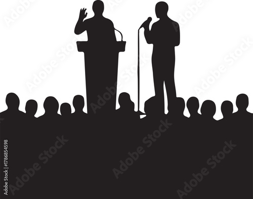  Silhouette of a speaker or interviewee on stage with an empty chair, facing an audience, representing a public speaking event, interview, or talk show.