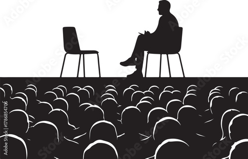 Silhouette of a speaker or interviewer sitting on a chair, facing an empty chair, with a large audience or crowd in the foreground. Represents public speaking, a lecture, or a conference event