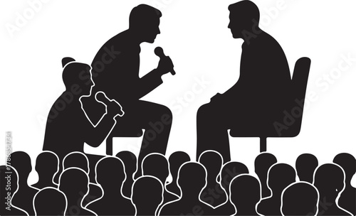  Silhouette of a speaker or leader with arms outstretched, addressing a large crowd or audience at a public event, conference, or rally, symbolizing inspiration, success, or protest