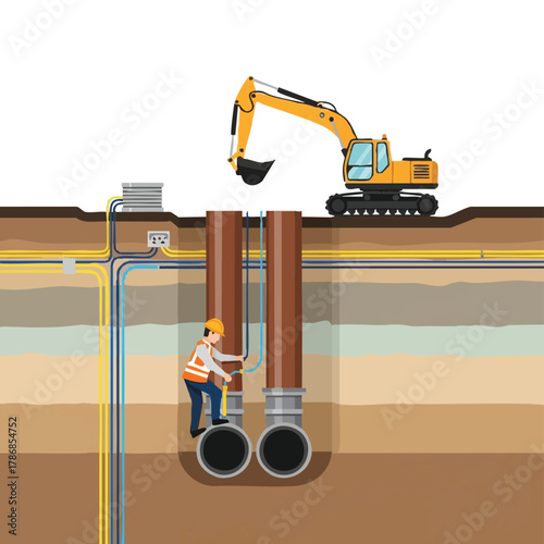 An illustration showcases an excavator and worker inspecting underground pipes, highlighting the infrastructure and construction processes involved in utility maintenance.