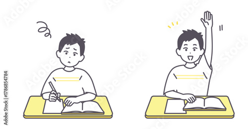 男の子が勉強中に悩む、理解して手を挙げるイラストセット