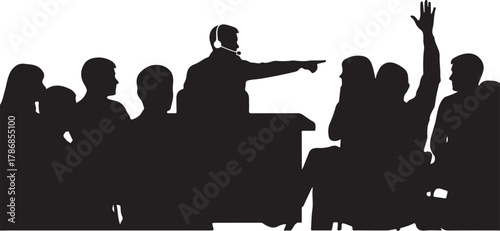  Silhouettes of a public interview or talk show with an audience, representing media discussions, press conferences, or debates on a stage