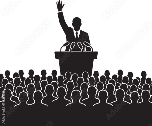  Speaker at Podium Addressing a Crowd Illustration, Public Speaking Event or Political Rally with Raised Hand Gesture.