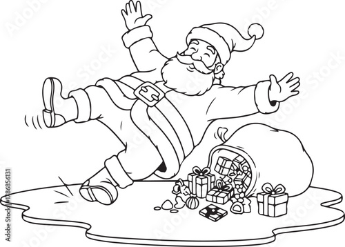 Clumsy Santa Claus falling on a wet surface with his bag of presents spilled, a humorous holiday accident perfect for Christmas themes or coloring page
