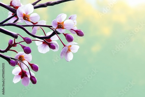 Close-up view of blooming cherry blossoms with delicate white petals and purple buds on dark branches, set against a soft, blurred background.