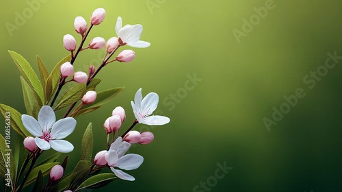 A close-up of flowering branches with delicate white blossoms and pink buds, set against a soft, gradient green background.