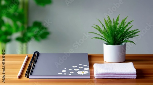 A notebook, pencil, potted plant, and folded cloth are arranged on a wooden desk.
