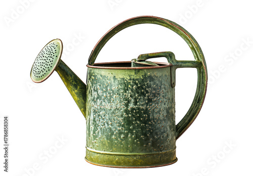 Vintage green watering can isolated on transparent background, featuring a classic design with a long spout and handle, perfect for watering plants and flowers