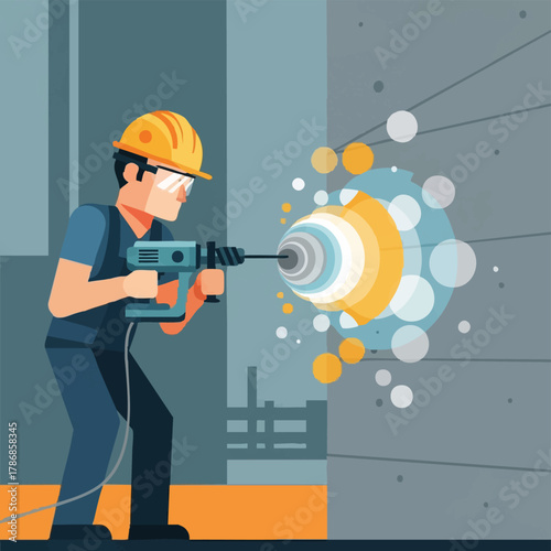 A construction worker wearing safety gear is using a drill to make a hole in a concrete wall, with dust and debris visible around the drill bit.