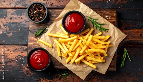 A Mouthwatering Display of Crispy Golden French Fries, Ketchup, and Spices on Wood