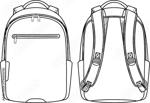 cad drawing flat vector illustration, backpack front and back view, technical sketch, line art, school bag, travel gear design