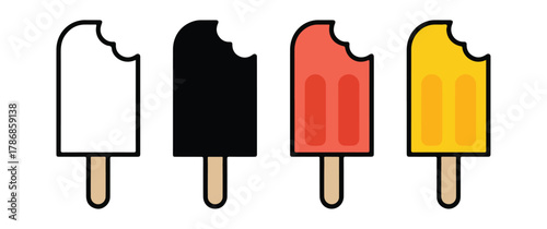 Four colorful popsicles on sticks, each with a bite taken out, set against a white background, illustrating a sweet treat and summer refreshment