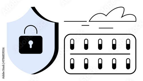 Shield with lock icon represents security, alongside cloud and server symbols. Ideal for data safety, cloud security, encryption, server protection, antivirus, privacy digital safety. Simple flat