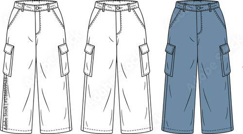cad drawing flat vector illustration, cargo pants front view, pocket detail, stitching design, belt loop, fashion garment, technical sketch