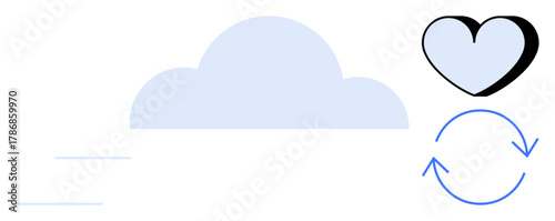 Cloud beside heart and cycle arrows signify love, care, data sync, unity, and environmental awareness. Ideal for technology, cloud computing, environment, emotions collaboration connection digital