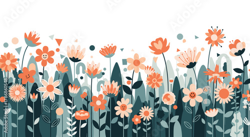 Vibrant floral meadow illustration with orange and white flowers.
