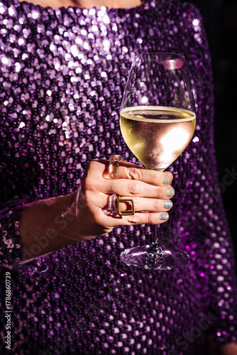 New Year Champagne Celebration With Sparkly Sequin Dress and Lipstick