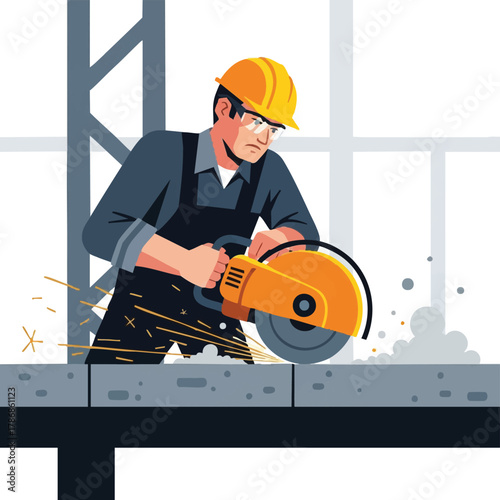 A construction worker wearing safety gear cuts through concrete blocks with a power saw, sending sparks flying in a modern, minimalist architectural setting.