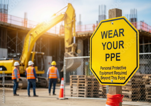Yellow 'Wear Your PPE' sign prominently displayed at a bustling construction site with workers and heavy machinery, highlighting workplace safety.