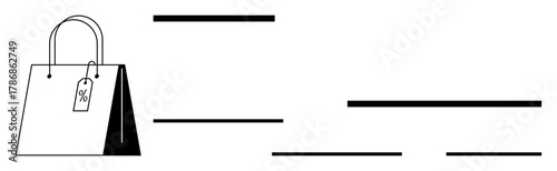 Paper bag with handle and price label showcasing discounts alongside abstract lines representing motion or simplicity. Ideal for retail, sales, e-commerce, shopping, minimalism, branding, marketing