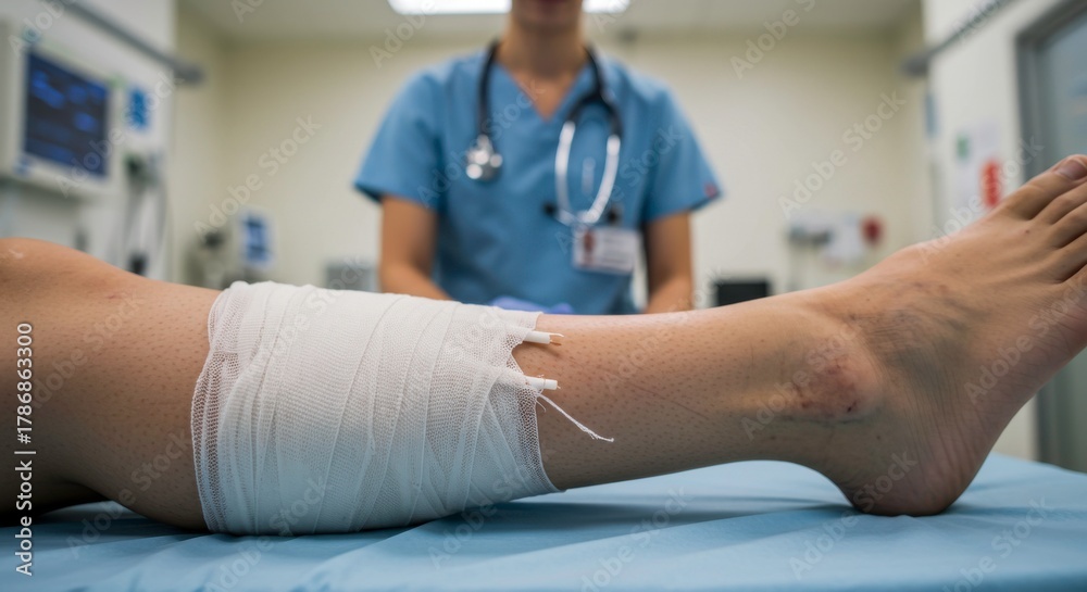 Obraz premium Medical care: Doctor tending to a patient with a leg injury requiring bandaging in a hospital