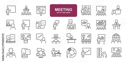 Set of line icons related to presentation, meeting, business, discussion. Outline icons collection
