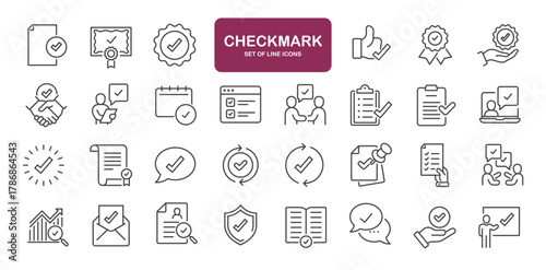 Set of line icons related to approve, deal, agreements, checkmark. Outline icons collection