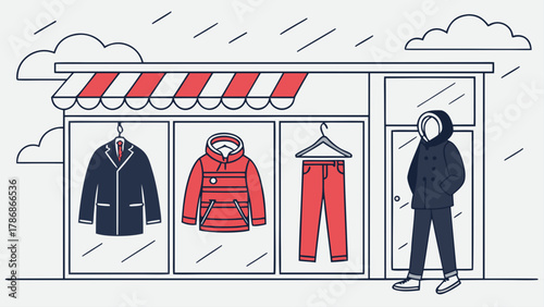 Person walking by a clothing store with a suit, hoodie, and pants in the window display outside on a rainy day