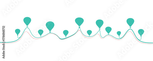 Hot air balloons vector illustration flying above a wavy line landscape