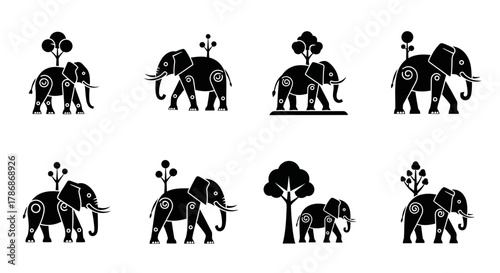 Captivating collection of stylized elephant icons with trees, perfect for nature, wildlife, and cultural designs