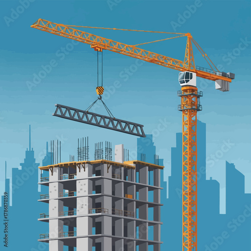A vector illustration shows a crane lifting a steel beam to the construction site of a high-rise building in a bustling city, highlighting urban development.