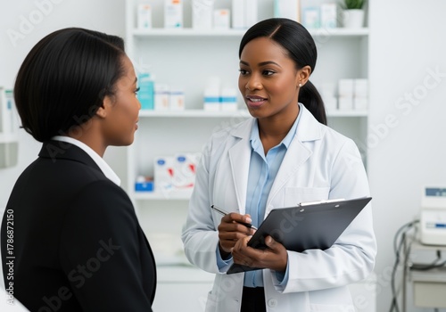 African american dermatologist with clipboard consults with woman in clinic